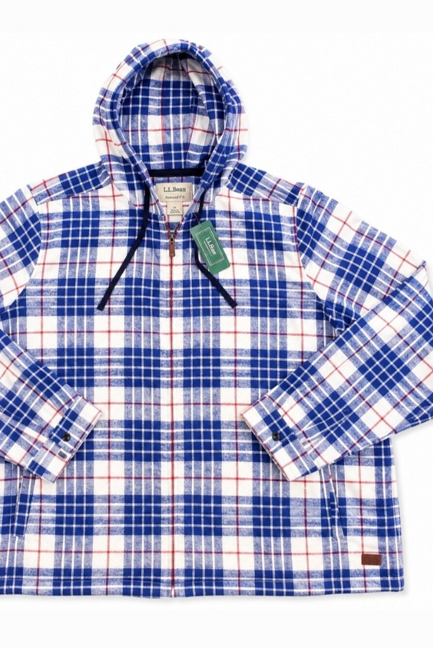 L.L.Bean 3X Plaid Flannel Hooded Jacket NWT Blue Red White Relaxed Fit